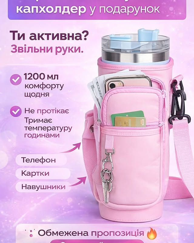 Стильна термочашка 1200 мл з сумкою капхолдер в подарунок
